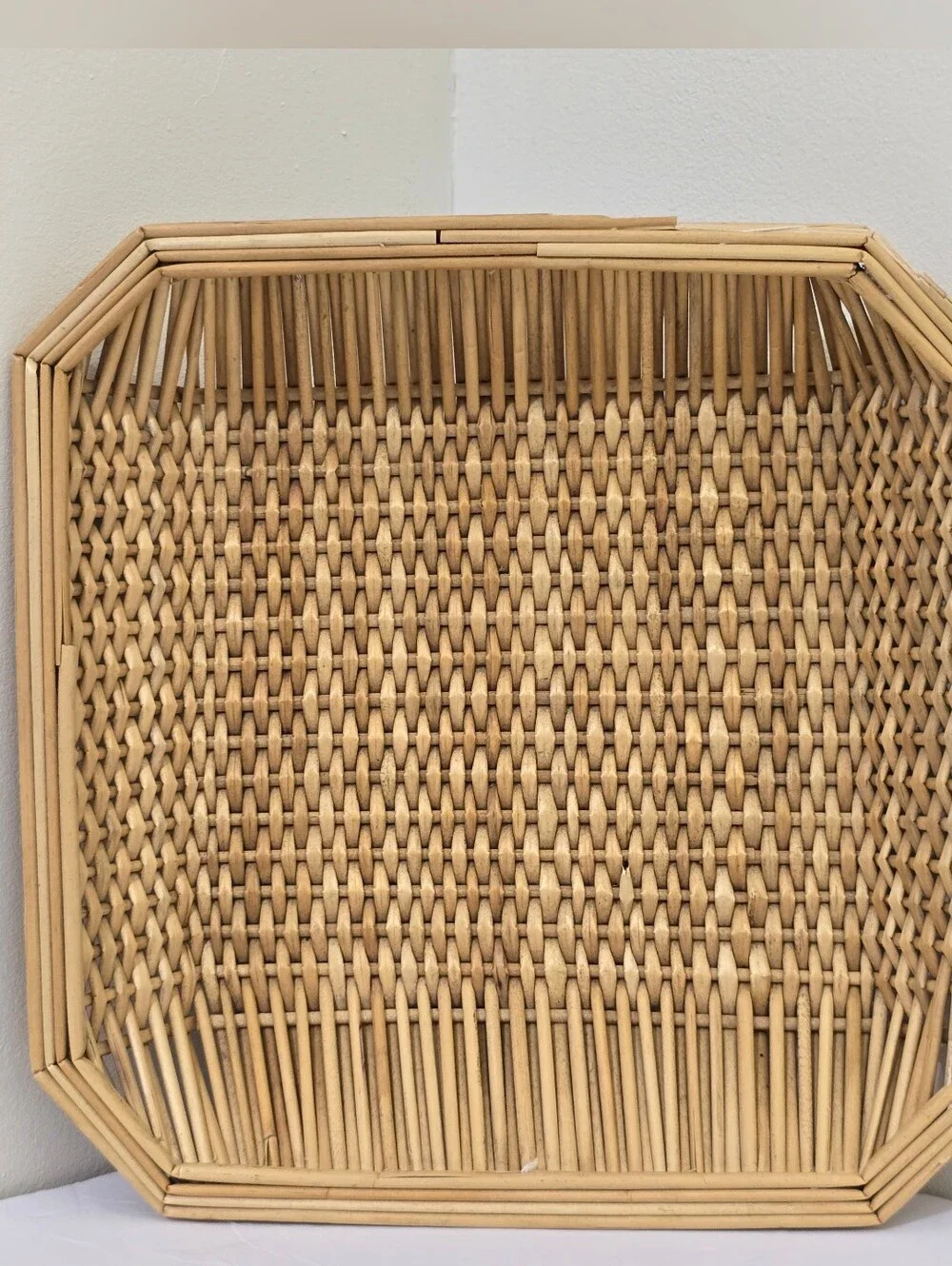 vintage Square Wicker Basket Tray Wall Decor Woven Straw Boho Disco Hippie